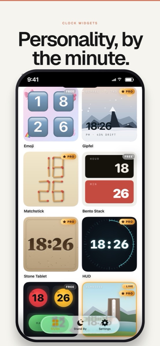 A galeria de estilos no app: toque em um mostrador para colocá-lo no seu widget.